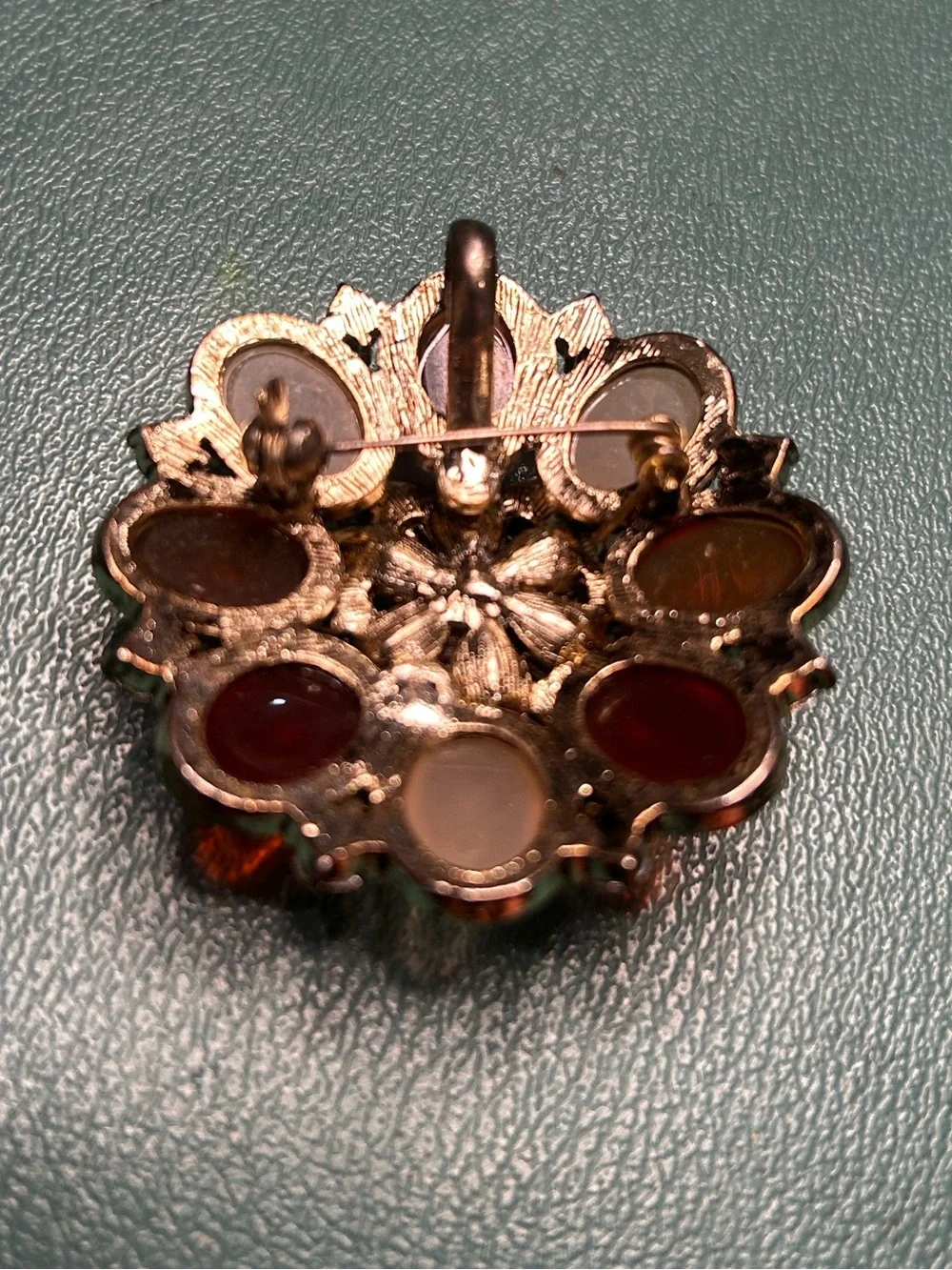 Vintage cabochon Flower Jelly Bean Rhinestone Convertible Brooch gold tone metal